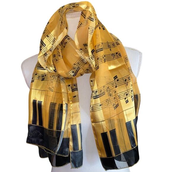 Black Gold Piano Keyboard Music Note Satin Stripe Scarf Sheer two, pair bundle - Picture 2 of 6